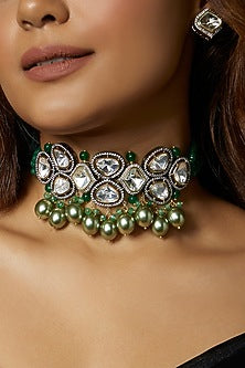 White Finish Green Agate & Kundan Polki Choker Necklace Set