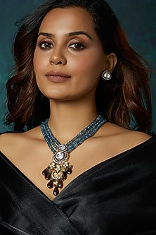 Gold Finish Multi-Colored Kundan Polki Necklace Set