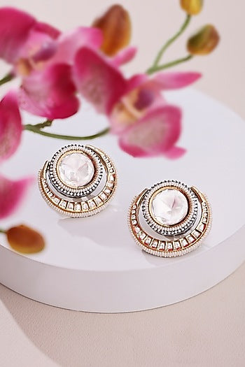 Gold Finish Kundan Polki & Pearl Beaded Dangler Earrings