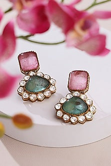 Gold Finish Cabachon Pink & Green Hydro Tourmaline Dangler Earrings