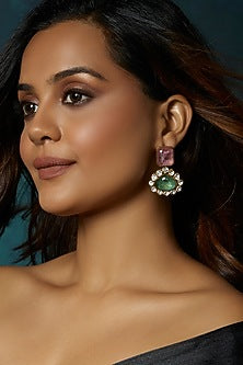 Gold Finish Cabachon Pink & Green Hydro Tourmaline Dangler Earrings