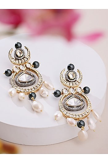 Gold Finish Grey & White Pearl Chandelier Earrings