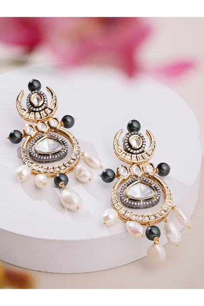 Gold Finish Grey & White Pearl Chandelier Earrings