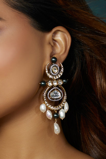 Gold Finish Grey & White Pearl Chandelier Earrings