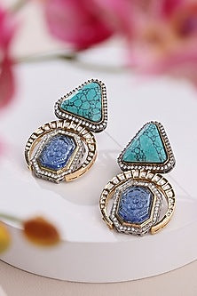 Gold Finish Cubic Zirconia & Carved Onyx Stone Stud Earrings