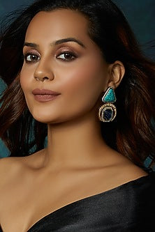 Gold Finish Cubic Zirconia & Carved Onyx Stone Stud Earrings