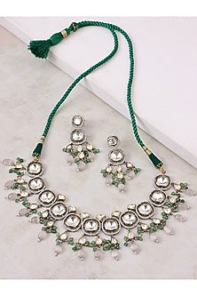 Gold Finish Green Onyx & Kundan Polki Choker Necklace Set
