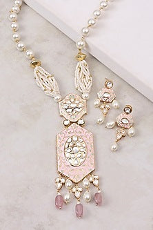 Gold Finish Kundan Polki & Pink Enamelled Long Pendant Necklace Set