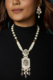 Gold Finish Kundan Polki & Pink Enamelled Long Pendant Necklace Set