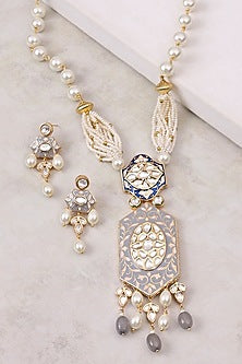 Gold Finish Kundan Polki & Grey Enamelled Long Pendant Necklace Set