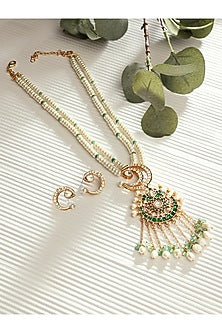 Gold Finish Polki & Baroque Pearl Long Pendant Necklace Set