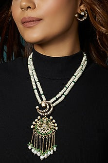 Gold Finish Polki & Baroque Pearl Long Pendant Necklace Set