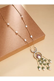 Gold Finish Polki & Pearl Long Pendant Necklace