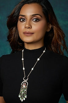 Gold Finish Polki & Pearl Long Pendant Necklace