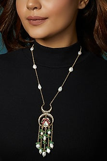 Gold Finish Polki & Pearl Long Pendant Necklace