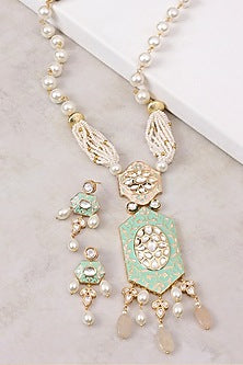 Gold Finish Polki & Green Enamelled Long Pendant Necklace Set