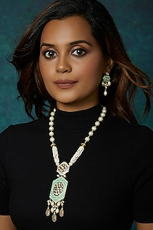 Gold Finish Polki & Green Enamelled Long Pendant Necklace Set