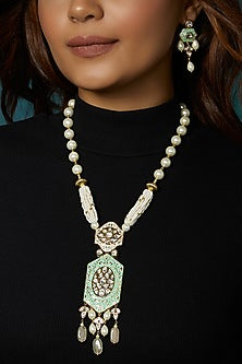 Gold Finish Polki & Green Enamelled Long Pendant Necklace Set