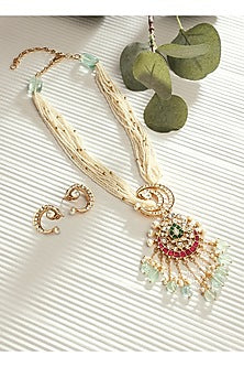 Gold Finish Polki & Pearl Long Pendant Necklace Set