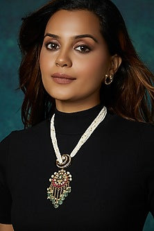 Gold Finish Polki & Pearl Long Pendant Necklace Set