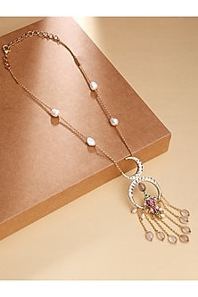 Gold Finish Kundan Polki & Pearl Long Pendant Necklace
