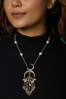 Gold Finish Kundan Polki & Pearl Long Pendant Necklace