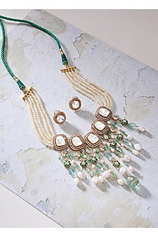 Gold Finish Yellow Agate & Kundan Polki Necklace Set