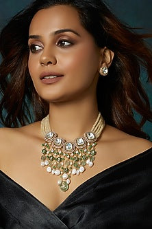 Gold Finish Yellow Agate & Kundan Polki Necklace Set