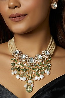 Gold Finish Yellow Agate & Kundan Polki Necklace Set