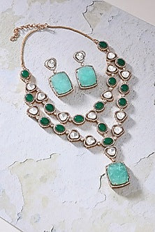 Gold Finish Kundan Polki & Emerald Necklace Set