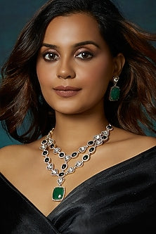 Gold Finish Kundan Polki & Emerald Necklace Set