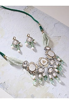 Gold Finish Kundan Polki & Green Agate Choker Necklace Set