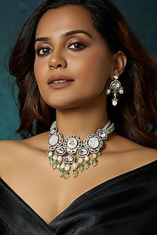 Gold Finish Kundan Polki & Green Agate Choker Necklace Set