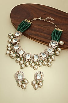 Gold Finish Kundan Polki & Green Agate Choker Necklace Set