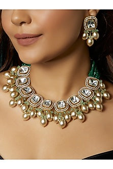 Gold Finish Kundan Polki & Green Agate Choker Necklace Set