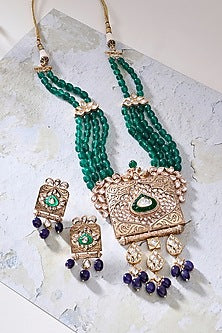 Gold Finish Kundan Polki & Green Stone Long Necklace Set