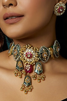 Gold Finish Kundan Polki & Blue Enamelled Choker Necklace Set