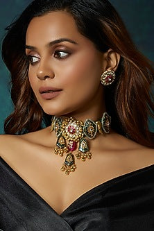 Gold Finish Kundan Polki & Blue Enamelled Choker Necklace Set