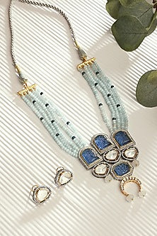 Gold Finish Blue Agate Bead & Kundan Polki Necklace Set