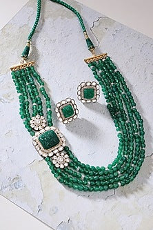 Gold Finish Green Agate & Kundan Polki Brooch Necklace Set