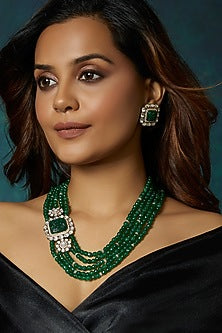 Gold Finish Green Agate & Kundan Polki Brooch Necklace Set