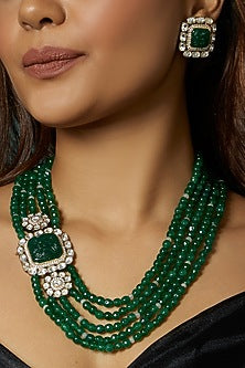Gold Finish Green Agate & Kundan Polki Brooch Necklace Set