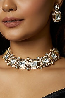 Gold Finish Kundan Polki & Cubic Zirconia Choker Necklace Set