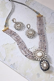 Gold Finish Grey Agate & Kundan Polki Necklace Set