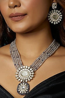 Gold Finish Grey Agate & Kundan Polki Necklace Set