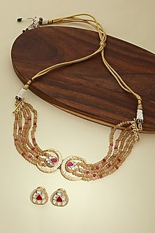 Gold Finish Kundan Polki & Red Onyx Choker Necklace Set