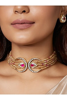 Gold Finish Kundan Polki & Red Onyx Choker Necklace Set