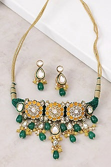 Gold Finish Kundan Polki & Green Onyx Enamelled Choker Necklace Set