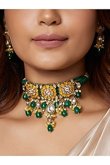Gold Finish Kundan Polki & Green Onyx Enamelled Choker Necklace Set