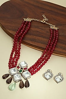 Gold Finish Kundan Polki & Red Agate Bead Necklace Set